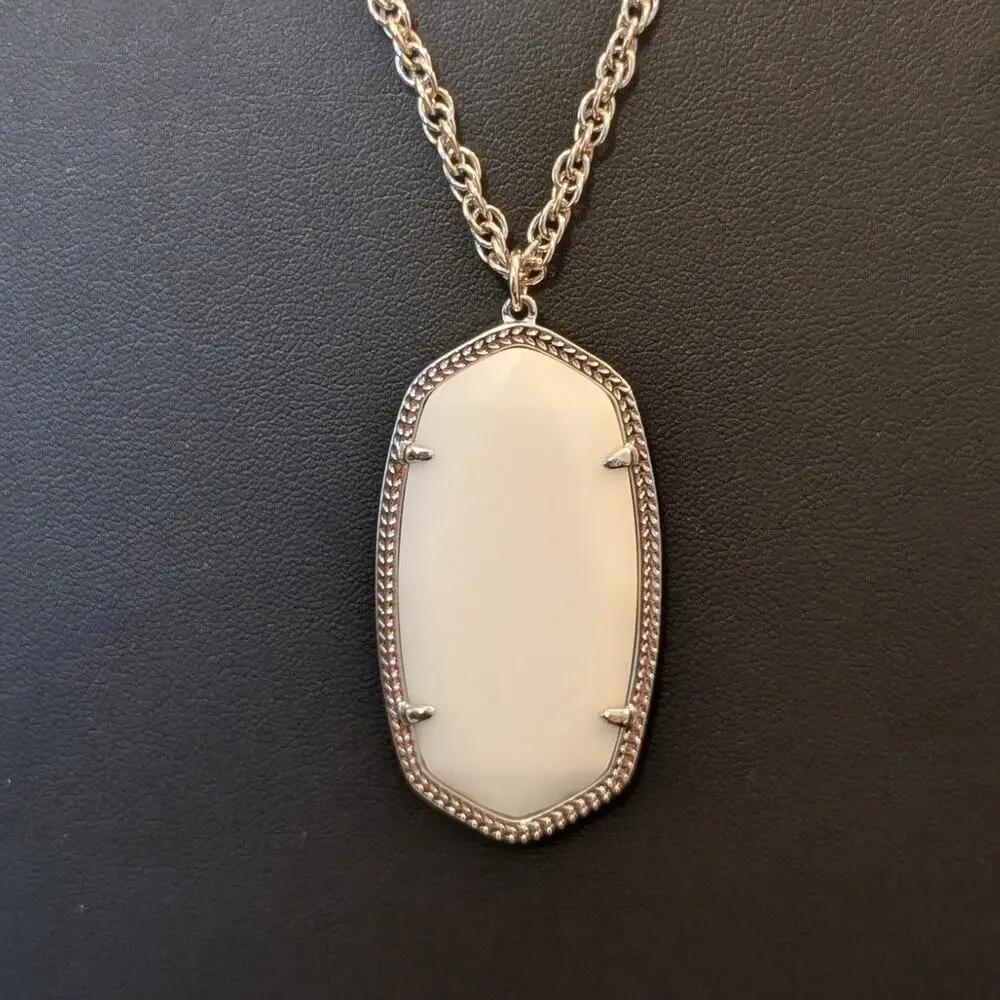 Kendra Scott Rae Milk Glass White Long Silver Plate Pendant RAE 32